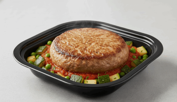 Hamburguesa de cerdo con salsa tomate mojo rojo y calabacín y guisantes al horno keto - Imagen 1