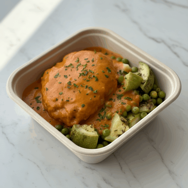Hamburguesa de cerdo con salsa tomate mojo rojo y calabacín y guisantes al horno keto
