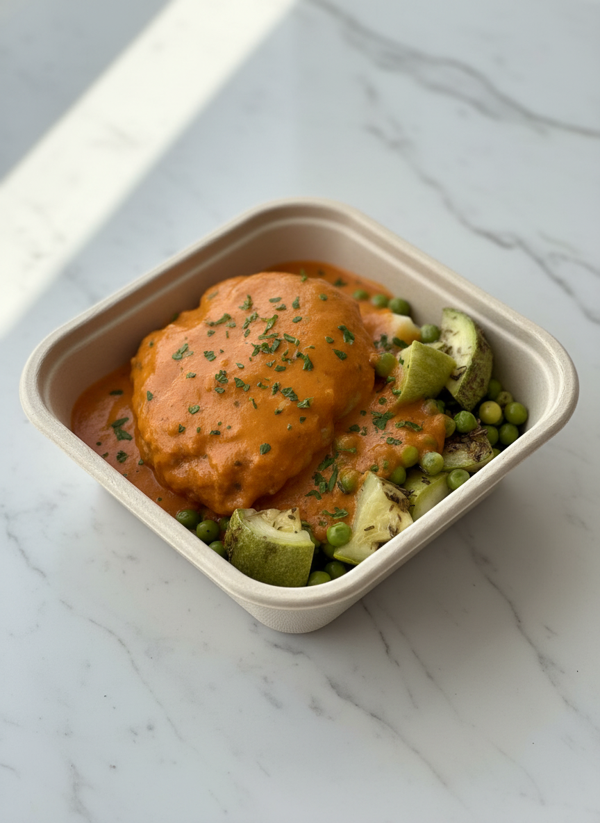 menumaster-1765837918014 Hamburguesa de cerdo con salsa tomate mojo rojo y calabacín y guisantes al horno keto - Imagen 1